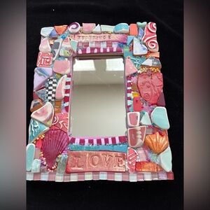 Handmade Mosaic  “ Love & Abundance “Polymer Clay Mirror OriginalOn Wood 8”x10”